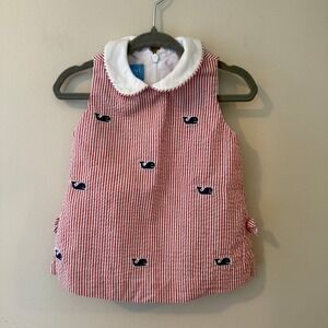 Anavini Baby Girls Red Seersucker Whale Embroidered Dress 3M JS32019A03